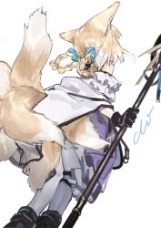 Rule 34 | 1girl, animal ears, arknights, bare shoulders, black gloves, blonde hair, braid, braided hair rings, colored tips, dress, fox ears, fox girl, fox tail, gloves, highres, holding, holding staff, kitsune, kyuubi, medium hair, multicolored hair, multiple tails, solo, staff, suzuran (arknights), tail, twin braids, two-tone hair, white hair, xiao chichi