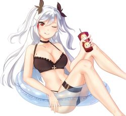 Rule 34 | 1girl, ;), ;q, azur lane, bikini, black bikini, breasts, choker, cross, dalimao, drink, frilled bikini, frills, hair between eyes, innertube, iron cross, large breasts, long hair, looking at viewer, mole, mole on breast, multicolored hair, navel, one eye closed, prinz eugen (azur lane), prinz eugen (unfading smile) (azur lane), red eyes, simple background, sitting, smile, solo, streaked hair, swim ring, swimsuit, thigh strap, tongue, tongue out, two side up, white background, white hair