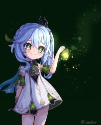 Rule 34 | 1girl, absurdres, black background, commentary, detached sleeves, dress, english commentary, genshin impact, glowing, gradient hair, green eyes, grey hair, hair between eyes, hair ornament, highres, holding, holding lantern, lantern, loentar, long hair, looking at viewer, multicolored hair, nahida (genshin impact), short sleeves, side ponytail, sidelocks, simple background, smile, solo, symbol-shaped pupils, white dress
