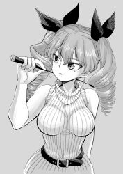 Rule 34 | 1girl, anchovy (girls und panzer), arm behind back, arm up, belt, breasts, breasts day, closed mouth, drill hair, girls und panzer, good breasts day, greyscale, hair ribbon, highres, holding riding crop, large breasts, long hair, looking to the side, monochrome, ribbed sweater, ribbon, riding crop, simple background, sleeveless, sleeveless sweater, solo, sutahiro (donta), sweater, turtleneck, turtleneck sweater, twin drills, upper body