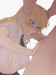 Rule 34 | 1boy, 1girl, blonde hair, blouse, blue eyes, blush, breasts, censored, clothed female nude male, collared shirt, fellatio, hair between eyes, hetero, irrumatio, large breasts, long hair, mdf an, mosaic censoring, nude, oral, original, penis, sailor collar, shirt, simple background, sleeves rolled up, tears, white shirt