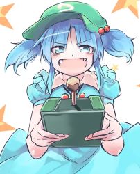 Rule 34 | 1girl, :d, blue eyes, blue hair, blush, cabbie hat, controller, evil smile, fangs, ginnkei, hair bobbles, hair ornament, hat, highres, holding, holding remote control, kawashiro nitori, looking at viewer, one-hour drawing challenge, open mouth, remote control, simple background, smile, solo, touhou, two side up, v-shaped eyebrows, white background