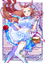 Rule 34 | 1girl, :o, animal ears, apple, apron, artist name, bacon, blue dress, blue eyes, blush, bread, breasts, brown hair, cheese, dress, english text, feet out of frame, floating hair, food, fruit, highres, horse ears, kawakami princess (umamusume), large breasts, lettuce, long hair, looking at viewer, maid apron, open mouth, parted bangs, pocket watch, quatraise, sandwich, scrunchie, solo, sparkle, thighhighs, tomato, twitter username, umamusume, watch, watermark, white thighhighs, wrist scrunchie