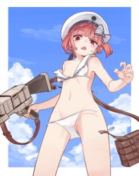 Rule 34 | 10s, 1girl, anti-aircraft, anti-aircraft gun, bikini, blue sky, blush, bow, breasts, cloud, cowboy shot, day, groin, hat, hat bow, kantai collection, monaka ooji, navel, outdoors, red eyes, red hair, sailor bikini, sailor collar, sailor hat, short hair, sky, small breasts, smiley face, solo, striped, striped bow, swimsuit, torn bikini, torn clothes, triangle mouth, wardrobe malfunction, white bikini, white hat, z3 max schultz (kancolle)