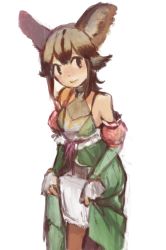 Rule 34 | 1girl, african wild dog (kemono friends), animal ear fluff, animal ears, bare shoulders, closed mouth, clothes lift, detached sleeves, dog ears, dress, dress lift, halterneck, kemono friends, lifted by self, looking at viewer, medium hair, multicolored hair, official alternate costume, shuushuusha, simple background, sleeves past wrists, smile, solo, white background