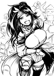 Rule 34 | 10s, 1girl, 3boys, bent over, breasts, character request, cleavage, granblue fantasy, greyscale, highres, kanno takanori, large breasts, long hair, monochrome, multiple boys, aged up, sig (granblue fantasy), simple background, smile, solo, white background