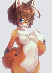 Rule 34 | 1girl, :p, ahoge, animal ears, blue eyes, body fur, breasts, brown hair, commentary request, completely nude, fox ears, fox girl, fox tail, furry, furry female, glasses, grey background, highres, kageroh, looking at viewer, medium breasts, navel, nipples, nude, original, round eyewear, short hair, simple background, solo, tail, tongue, tongue out