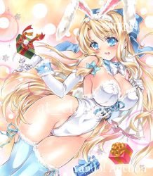 Rule 34 | 1girl, :d, animal ears, artist name, at classics, bag, blonde hair, blue bow, blue eyes, blue thighhighs, blush, bow, bowtie, breasts, christmas, cleavage, covered erect nipples, covered navel, cowboy shot, detached collar, elbow gloves, fake animal ears, fur trim, gift, gloves, groin, hair bow, holding, holding bag, large breasts, leotard, long hair, looking at viewer, open mouth, original, playboy bunny, rabbit ears, sack, sample watermark, sidelocks, smile, snowflakes, solo, thigh gap, thighhighs, traditional media, very long hair, watermark, white bow, white bowtie, white gloves, white leotard, wrist cuffs