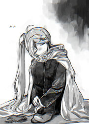 Rule 34 | 1boy, ahoge, cape, covered mouth, earpiece, formal, gold trim, greyscale, head tilt, high ponytail, jacket, library of ruina, long hair, long sleeves, male focus, microphone, monochrome, multicolored hair, pants, project moon, side ponytail, sitting, solo, streaked hair, suit, very long hair, yan vismok, yono neie