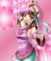 Rule 34 | 1041 (toshikazu), 1girl, :d, brown eyes, brown hair, chai xianghua, detached sleeves, looking at viewer, nail polish, open mouth, pink nails, smile, solo, soul calibur, soulcalibur iii, sword, weapon