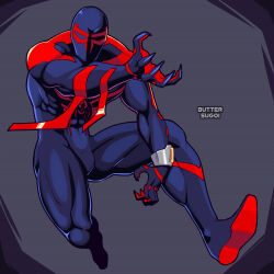 Rule 34 | 1boy, abs, arm blade, artist name, bodysuit, bracelet, butter sugoi, claws, full body, highres, jewelry, male focus, marvel, muscular, muscular male, solo, spider-man: across the spider-verse, spider-man (2099), spider-man (series), spider-verse, superhero costume, weapon