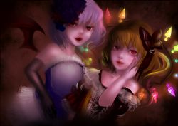 Rule 34 | 2girls, alternate costume, bare shoulders, bat wings, blonde hair, bow, child, dutch angle, elbow gloves, fangs, female focus, flandre scarlet, formal, frills, gem, gloves, hair bow, hair ornament, hand on another&#039;s face, hand on own face, highres, light purple hair, lips, mossan, multiple girls, no headwear, no headwear, open mouth, pearl (gemstone), red eyes, remilia scarlet, short hair, siblings, sisters, slit pupils, touhou, wings