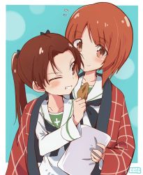 Rule 34 | 10s, 2girls, ;), artist name, black neckerchief, black ribbon, blanket, blouse, blush, brown eyes, brown hair, cbgb, chips (food), circle, commentary, flying sweatdrops, food, girls und panzer, green background, grin, hair ribbon, highres, holding, holding food, holding pillow, kadotani anzu, long hair, long sleeves, looking at another, looking back, multiple girls, neckerchief, nishizumi miho, one eye closed, ooarai school uniform, outside border, parted bangs, pillow, potato chips, ribbon, school uniform, serafuku, shared blanket, shirt, short hair, smile, sweatdrop, twintails, upper body, white shirt, yuri