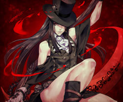 Rule 34 | 1other, androgynous, ascot, asymmetrical sleeves, bare shoulders, black hair, black headwear, blood, boots, buttons, fingerless gloves, gloves, guilty gear, guilty gear strive, hat, holding, holding weapon, long hair, red eyes, scythe, skull, talgi, testament (guilty gear), top hat, trap, weapon