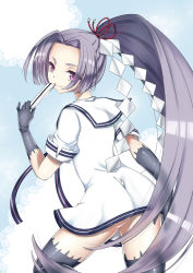 Rule 34 | 10s, 1girl, ass, black gloves, black thighhighs, dress, eyebrows, folded fan, folding fan, geike, gloves, hair ribbon, hand fan, hatsuharu (kancolle), highres, kantai collection, long hair, looking at viewer, looking back, personification, ponytail, purple eyes, purple hair, ribbon, sailor dress, short eyebrows, smile, solo, thighhighs, very long hair