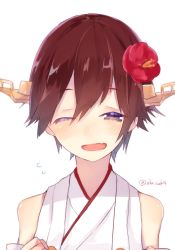 Rule 34 | 10s, blue eyes, brown hair, hairband, hiei (kancolle), kantai collection, nontraditional miko, sakofu, short hair, smile, solo, twitter username, wince