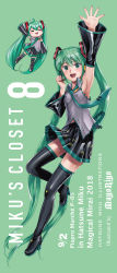 Rule 34 | 1girl, :d, absurdly long hair, absurdres, arm up, armpits, black footwear, black skirt, black sleeves, boots, breasts, collared shirt, copyright name, detached sleeves, floating hair, frilled shirt, frills, full body, green background, green hair, grey shirt, hatsune miku, headphones, headset, highres, long hair, long sleeves, mayo riyo, microphone, mini person, minigirl, miniskirt, open mouth, outstretched arm, outstretched hand, pleated skirt, shirt, skirt, sleeveless, sleeveless shirt, small breasts, smile, solo, standing, standing on one leg, thigh boots, thighhighs, very long hair, vocaloid, wide sleeves, wing collar, zettai ryouiki
