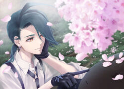 Rule 34 | 1girl, black gloves, black necktie, bright pupils, cherry blossoms, clodsire, closed mouth, collared shirt, commentary request, creatures (company), day, earrings, falling petals, game freak, gloves, green hair, hands up, head rest, highres, jewelry, long hair, necktie, nintendo, outdoors, petals, pichi mnb, pokemon, pokemon (creature), pokemon sv, poking, rika (pokemon), shirt, smile, spring (season), suspenders, white pupils