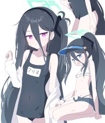 Rule 34 | &lt;key&gt; (blue archive), 1girl, absurdres, alternate costume, aqua halo, aris (blue archive), bikini, black bikini, black hair, blue archive, blue eyes, blue one-piece swimsuit, blue shorts, blush, bracelet, breasts, clenched hand, closed mouth, collarbone, commentary, covered navel, frilled bikini, frills, green halo, hagoonha, hair between eyes, halo, hand up, highleg, highleg bikini, highres, jewelry, long hair, multiple views, name tag, off shoulder, old school swimsuit, one-piece swimsuit, one side up, open clothes, open mouth, open shorts, ponytail, purple eyes, rectangular halo, ringed eyes, school swimsuit, seiza, shirt, shorts, simple background, sitting, small breasts, swimsuit, two-tone bikini, very long hair, visor cap, white background, white bikini, white shirt