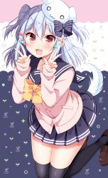 Rule 34 | 1boy, :3, :d, black bow, black eyes, black skirt, black thighhighs, blue bow, blue hair, blush, bow, bowtie, brown footwear, buttons, cherry, collarbone, comiket 93, commentary request, crossdressing, dog hair ornament, dog tail, double horizontal stripe, double w, fang, food, fruit, fruit background, gradient eyes, green bow, hair between eyes, hair bow, hair ornament, hands up, hat, highres, inuyama tamaki, knees together feet apart, loafers, long hair, long sleeves, looking at viewer, male focus, miniskirt, multicolored background, multicolored eyes, noripro, o o, official art, open mouth, original, pink bow, pleated skirt, pocket, red eyes, school uniform, serafuku, shoes, skindentation, skirt, sleeves past wrists, smile, solo, sparkle background, striped, striped bow, tail, thighhighs, trap, tsukudani norio, two side up, virtual youtuber, w, white hat, yellow bow, yellow bowtie, yellow eyes, zettai ryouiki