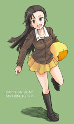 Rule 34 | 10s, 1girl, :d, asymmetrical bangs, black footwear, boots, brown eyes, brown hair, brown jacket, character name, chi-hatan military uniform, commentary, dated, english text, girls und panzer, green background, happy birthday, holding, holding stuffed toy, jacket, knee boots, leg up, long hair, long sleeves, military, military uniform, miniskirt, mutsu (layergreen), nishi kinuyo, open mouth, pleated skirt, shadow, shirt, simple background, skirt, smile, solo, standing, standing on one leg, stuffed animal, stuffed duck, stuffed toy, uniform, white shirt, yellow skirt