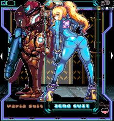 Rule 34 | 1girl, arm cannon, ass, blonde hair, blue bodysuit, blue eyes, bodysuit, breasts, character select, directed-energy weapon, dual persona, energy cannon, energy gun, energy weapon, glowing, helmet, high heels, highres, impossible clothes, leaning forward, looking at viewer, looking back, medium breasts, metroid, nintendo, ponytail, power suit, samus aran, skin tight, standing, uramoto kouji, varia suit, weapon, zero suit