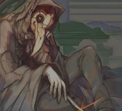 Rule 34 | 1boy, bird mask, cloak, commentary, head rest, hood, hood up, hooded cloak, kibadori rue, looking at viewer, male focus, mask, plague doctor, plague doctor mask, scp-049, scp foundation, sitting, solo, yellow eyes