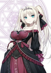 Rule 34 | 1girl, 47agdragon, aqua eyes, bare shoulders, black dress, blonde hair, bow, breasts, cleavage, collarbone, dress, elf, female focus, frilled dress, frills, hair bow, highres, large breasts, layered dress, long hair, long sleeves, looking at viewer, magic circle, original, pale skin, parted lips, pointy ears, purple dress, solo, tattoo, tiara, two side up, very long hair, victorian