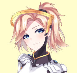 Rule 34 | 1girl, absurdres, armor, artist name, blonde hair, closed mouth, facial mark, faulds, hair tie, halo, helen phan, high ponytail, highres, looking at viewer, mechanical halo, mercy (overwatch), overwatch, overwatch 1, portrait, short hair, signature, simple background, smile, solo, upper body, yellow background