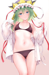 Rule 34 | 1girl, black panties, blue eyes, blue hat, blush, closed mouth, collarbone, commission, feet out of frame, frilled hat, frills, green hair, hair between eyes, hat, highres, navel, panties, shiki eiki, short hair, skeb commission, solo, touhou, underwear, y na1211