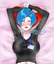 Rule 34 | 1girl, absurdres, alternate breast size, armpit crease, bed, bedroom, black camisole, blue hair, blue nail polish, blue nails, breasts, camisole, drooling, eddarxart, eyes visible through hair, from above, genderswap, genderswap (mtf), green eyes, highres, holostars, holostars english, holotempus, ice, in bed, large breasts, lying, nail polish, name tag, navel piercing, office lady, on back, piercing, regis altare, sleep molestation, sleeping, sleepy, solo, solo focus, tomboy, upper body, virtual youtuber, yes-no pillow
