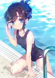 Rule 34 | 1girl, black hair, blue eyes, breasts, covered navel, folded ponytail, long hair, looking at viewer, moe2017, one-piece swimsuit, original, oswald musashi, pool, pool ladder, poolside, school swimsuit, small breasts, solo, swimsuit, water, wet
