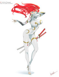 Rule 34 | 1girl, absurdres, bamuth, blue eyes, blue nails, bodysuit, breasts, collarbone, floating hair, full body, hair ornament, hand on own head, highres, katana, large breasts, long hair, looking at viewer, mask, mouth mask, nail polish, navel, original, signature, simple background, skin tight, sword, thighs, toenail polish, toenails, weapon, white background, white bodysuit