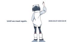 Rule 34 | 1girl, black hair, boots, commentary, commentary request, dated, english text, from behind, grey jacket, hand in pocket, highres, jacket, jitomi monoe, magnet, multicolored jacket, raholty, shadow, short hair, solo, two-tone jacket, virtual youtuber, voms, waving, white background, white footwear, white jacket