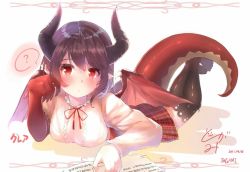 Rule 34 | 1girl, :o, ?, artist name, asymmetrical arms, black thighhighs, blouse, blush, book, breasts, character name, claws, commentary request, dated, dragon girl, dragon horns, dragon tail, dragon wings, frilled shirt, frills, granblue fantasy, grea (shingeki no bahamut), horns, large breasts, looking at viewer, lying, on stomach, plaid, plaid skirt, pointy ears, purple hair, red eyes, shingeki no bahamut, shirt, short hair, signature, skirt, solo, speech bubble, spoken question mark, tail, thighhighs, togami (tobysou526), torn clothes, torn shirt, torn sleeve, translation request, white background, white shirt, wings