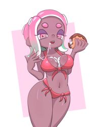 Rule 34 | 1girl, absurdres, bikini, breasts, choco taco, cleavage, dark skin, eating, eyeshadow, food, food on body, green hair, highres, holding, ice cream, large breasts, long hair, looking at viewer, makeup, multicolored hair, navel, nintendo, octoling, octoling girl, octoling player character, octopus girl, open mouth, pink eyes, pink hair, pointy ears, pun, red bikini, sexually suggestive, side-tie bikini bottom, soandnb, splatoon (series), standing, swimsuit, taco, teeth, tentacle hair, tentacles, two-tone hair, white background