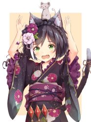 Rule 34 | 1girl, animal, animal ear fluff, animal ears, animal on head, arms up, black flower, black hair, black kimono, blush, braid, brown background, brown ribbon, cat ears, cat girl, cat tail, collarbone, commentary request, crown braid, fang, floral print, flower, green eyes, hair flower, hair ornament, highres, japanese clothes, karyl (new year) (princess connect!), karyl (princess connect!), kimono, minazuki mizu, mouse (animal), multicolored hair, obi, on head, open mouth, princess connect!, print kimono, purple flower, ribbon, sash, short sleeves, solo, streaked hair, tail, tail ornament, tail raised, tail ribbon, two-tone background, upper body, white background, white flower, white hair, wide sleeves