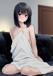 1girl absurdres black_hair blue_eyes blush closed_mouth commentary_request couch covering_privates door flat_chest highres indoors looking_at_viewer medium_hair nagio_(kiona) nude nude_cover original sitting solo towel wariza