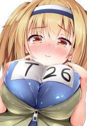 Rule 34 | 10s, 1girl, blush, breasts, brown eyes, bursting breasts, covered erect nipples, from below, hairband, i-26 (kancolle), kantai collection, large breasts, light brown hair, lips, long hair, looking at viewer, looking down, name tag, new school swimsuit, one-piece swimsuit, open clothes, sailor collar, school swimsuit, short sleeves, smile, solo, swimsuit, swimsuit under clothes, toine hoko, two-tone hairband, two side up