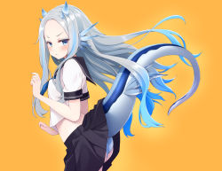 Rule 34 | 1girl, ass, black skirt, blue eyes, blue hair, blush, breasts, commentary request, dragon girl, from side, frown, grey hair, horns, long hair, mofu namako, multicolored hair, orange background, original, panties, parted bangs, pleated skirt, school uniform, serafuku, shirt, short sleeves, simple background, skirt, small breasts, solo, tagme, tail, two-tone hair, underwear, very long hair, white panties, white shirt