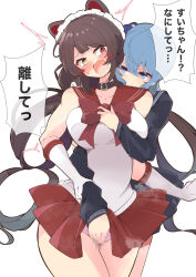 Rule 34 | 2girls, animal ears, black collar, black serafuku, blue eyes, blue hair, blush, bow, bowtie, breasts, brown hair, censored, clothes lift, collar, commentary, cosplay, dog ears, double-parted bangs, elbow gloves, fingering, fingering through clothes, gloves, grabbing, grabbing from behind, groping, hair between eyes, heterochromia, highres, hololive, hoshimachi suisei, impossible clothes, impossible leotard, inui toko, large breasts, leotard, lifting another&#039;s clothes, long hair, low twintails, maid headdress, miniskirt, mosaic censoring, multiple girls, nijisanji, pleated skirt, red bow, red bowtie, red eyes, red sailor collar, red skirt, sailor collar, sailor mars, sailor mars (cosplay), school uniform, serafuku, side ponytail, skirt, skirt lift, through clothes, translation request, twintails, very long hair, virtual youtuber, white gloves, white leotard, yamada naoko (kodamayanao), yellow eyes, yuri