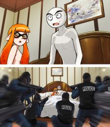 Rule 34 | 1boy, 1girl, 4chan, aftersex, anonymous (4chan), artist request, bed, breasts, caught, derivative work, gun, inkling, inkling girl, inkling player character, meme, monster musume no iru nichijou, motion blur, nintendo, open mouth, parody, police, scared, small breasts, source request, splatoon (series), splatoon 1, surprised, swat, sweat, weapon