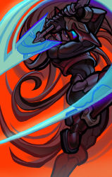 Rule 34 | 1boy, android, armor, artist request, blonde hair, blue eyes, bodysuit, covered face, energy sword, fighting stance, fingerless gloves, gloves, helmet, holding, holding sword, holding weapon, joints, light trail, limited palette, long hair, looking at viewer, male focus, mega man (series), mega man zero (series), ponytail, robot, robot ears, robot joints, simple background, solo, stance, sunset, sword, very long hair, vest, weapon, zero (mega man)
