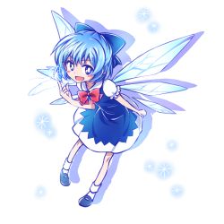 Rule 34 | 1girl, blue eyes, blue hair, blush, blush stickers, bow, cirno, haiiro (immature), hair bow, ice, ice wings, mary janes, matching hair/eyes, open mouth, pointy ears, shoes, solo, touhou, white background, wings