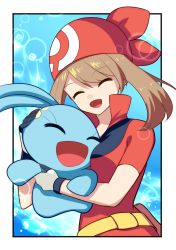 Rule 34 | 1girl, absurdres, bad id, bad pixiv id, breast press, breasts, brown hair, closed eyes, creatures (company), female focus, game freak, gen 4 pokemon, hair between eyes, hat, highres, legendary pokemon, long hair, manaphy, may (pokemon), medium breasts, mythical pokemon, nintendo, open mouth, pokemon, pokemon (anime), pokemon (creature), pokemon ranger and the temple of the sea, pokemon rse (anime), red hat, red shirt, shirt, short sleeves, smile, twintails, upper body, yuihico