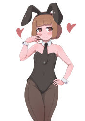 Rule 34 | 1girl, absurdres, animal ears, bare shoulders, black leotard, black necktie, blunt bangs, blush, bob cut, brown eyes, brown hair, brown pantyhose, closed mouth, collar, covered navel, detached collar, fake animal ears, groin, heart, heart-shaped pupils, highleg, highleg leotard, highres, leotard, looking at viewer, necktie, original, pantyhose, playboy bunny, rabbit ears, short hair, simple background, solo, strapless, strapless leotard, surio, symbol-shaped pupils, white background, white collar, wing collar, wrist cuffs