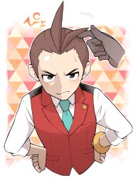 Rule 34 | 1boy, ace attorney, antenna hair, apollo justice, blue necktie, blush, bracelet, brown hair, closed mouth, collared shirt, forehead, frown, furrowed brow, grey eyes, hands on own hips, jewelry, looking at viewer, male focus, minashirazu, necktie, pov, pov hands, red vest, shirt, short hair, solo focus, upper body, vest, white shirt