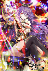 Rule 34 | 1girl, arm up, black thighhighs, breasts, company name, copyright name, crossed legs, crystal, dress, earrings, elbow gloves, gloves, glowing, grand sphere, holding, holding weapon, jewelry, kuroi nyan, large breasts, long hair, looking at viewer, official art, parted lips, purple hair, red eyes, sitting, solo, sparkle, staff, tattoo, thighhighs, torn clothes, torn thighhighs, weapon