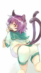 Rule 34 | 10s, 1girl, animal ears, cat ears, cat tail, kantai collection, multiple tails, nonco, purple hair, school uniform, serafuku, short hair, shorts, simple background, solo, tail, tama (kancolle)