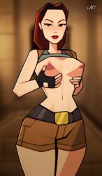 Rule 34 | 1girl, belt, belt buckle, black gloves, brown eyes, brown hair, brown shorts, buckle, closed mouth, clothes pull, cowboy shot, feet out of frame, fingerless gloves, gloves, highres, lara croft, lips, lipstick, loodncrood, looking at viewer, low poly, makeup, navel, nipples, pointy breasts, low poly, shirt pull, short hair, shorts, sleeveless, standing, thighs, tomb raider